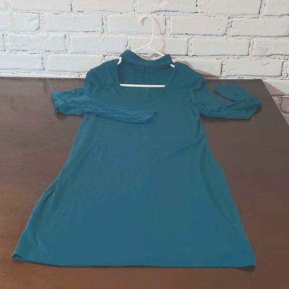 Gorgeous long-sleeved teal cotton tunic v-neck dress - Picture 3 of 4